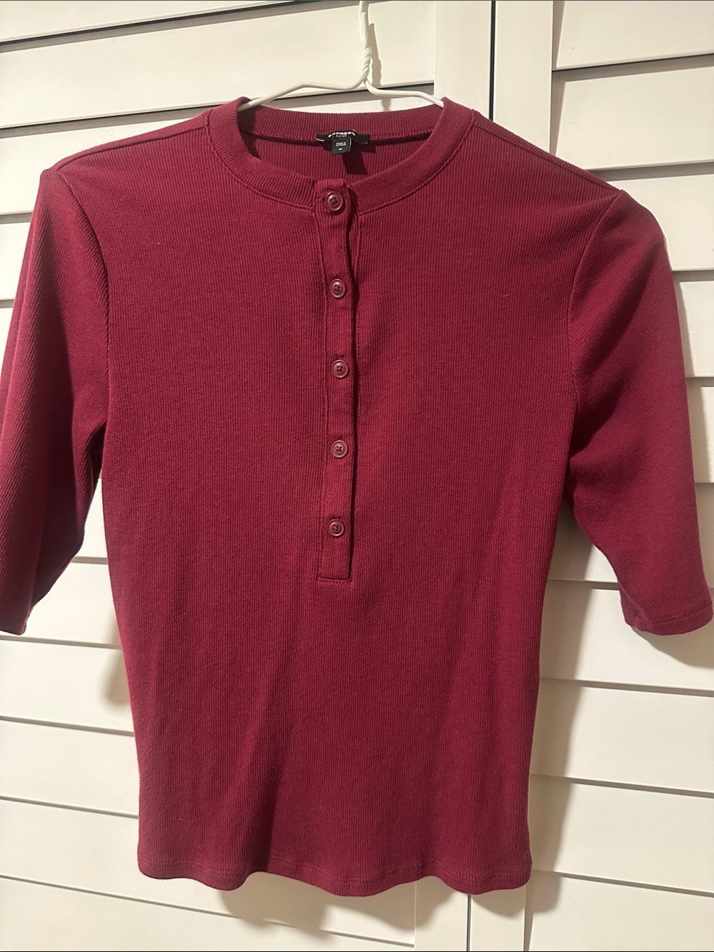Express Women's Burgundy Short-Sleeve Henley Top